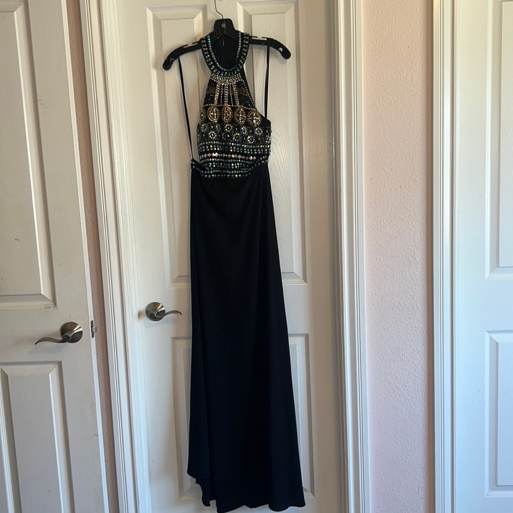 Long party dress teen size 5 halter beaded top attached in the front